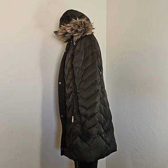 Kenneth Cole Reaction Daek Green Brown Down Feather Faux Fur Long Jacket Parka - Picture 6 of 11
